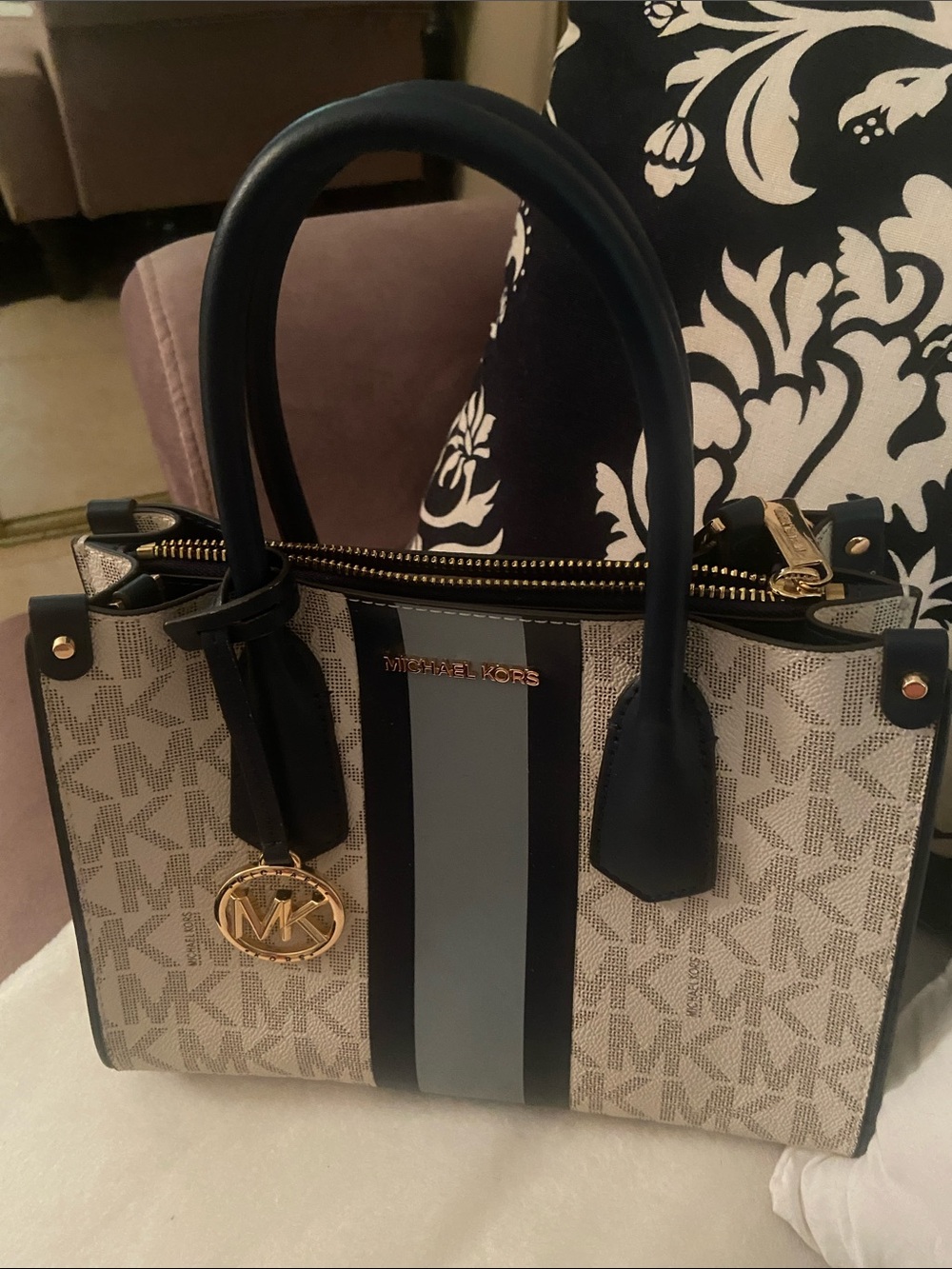 Michael Kors Navy and Light Blue Striped Signature Satchel